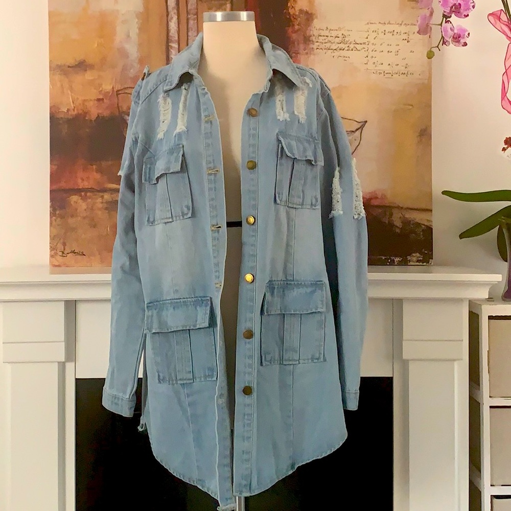 Tanming distressed ripped long denim jean jacket
